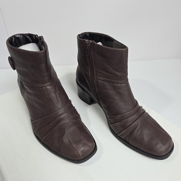 Unknown Shoes - Brown Leather Ankle Boots Womens Size 7.5 W Zip Block Heel Booties Casual